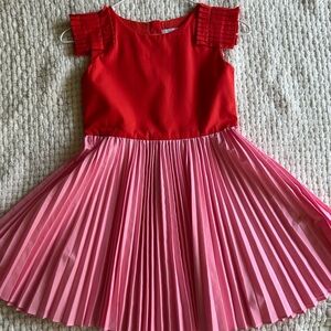 Beautiful Jacadi 2 tone dress. Red top/pleated cap sleeve. Pink pleated skirt 6